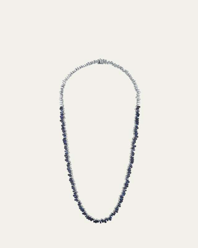 18K White Gold Tennis Necklace with Dark Blue Sapphire Baguettes